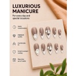 Grey‑Nude French Tip Rhinestone Press‑On Nails, Elegant Long Almond False Nails
